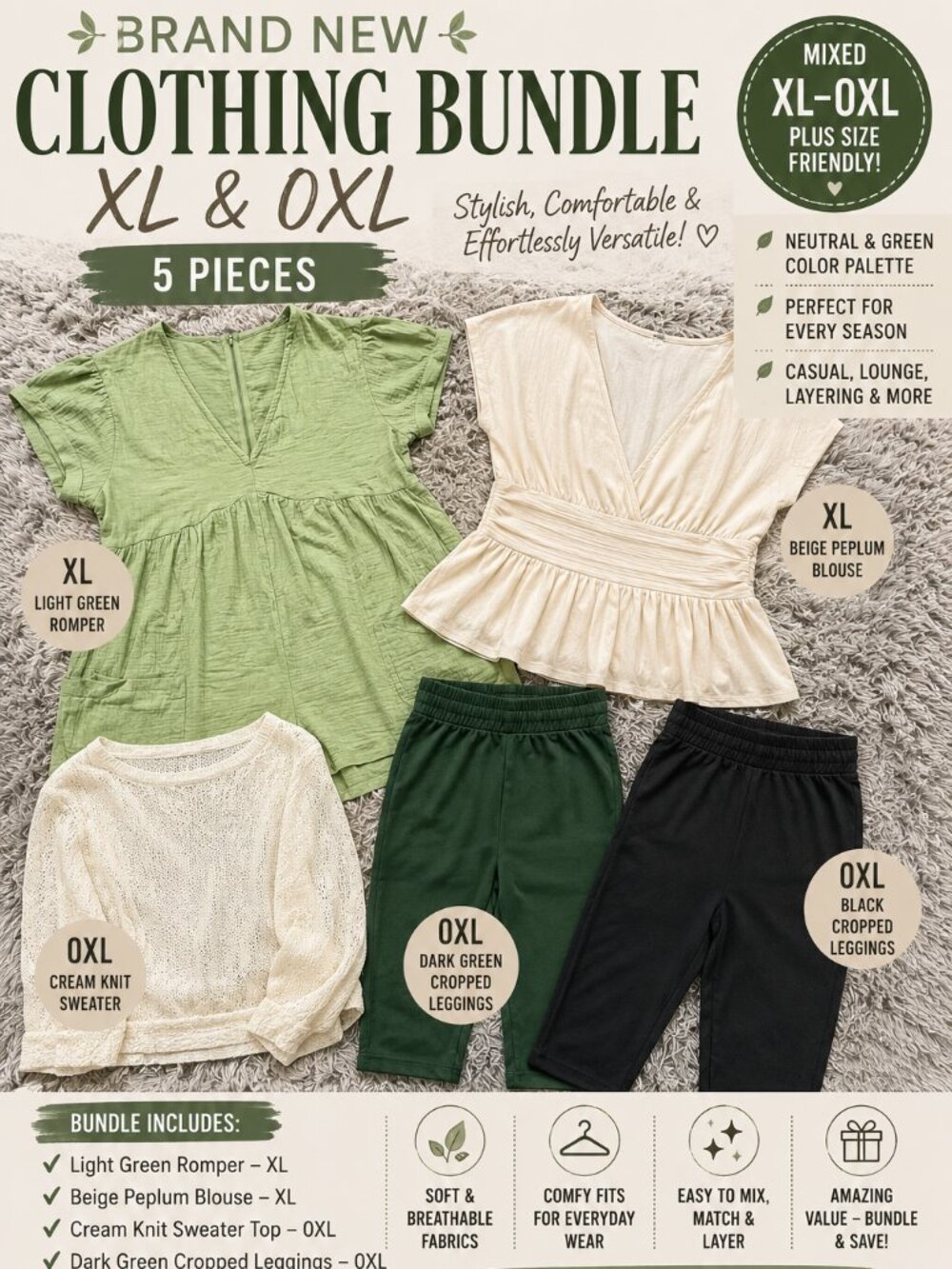 Women’s XL 0XL Clothing Bundle Plus Size Romper Leggings Sweater Blouse Neutral